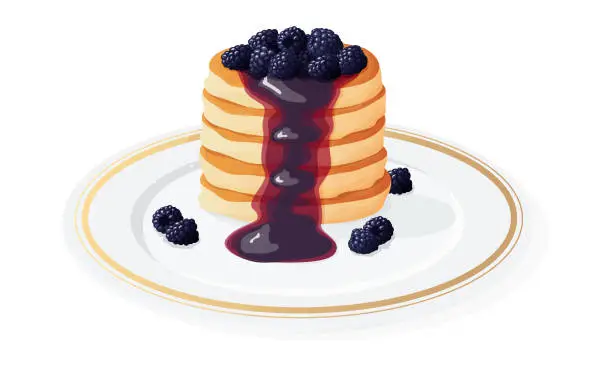 Vector illustration of Pancakes. Blackberry jam.Traditional sweet american breakfast with berries. Maslenitsa week. Spring festival meeting. Pancakes glazed on white plate. Vector illustration.