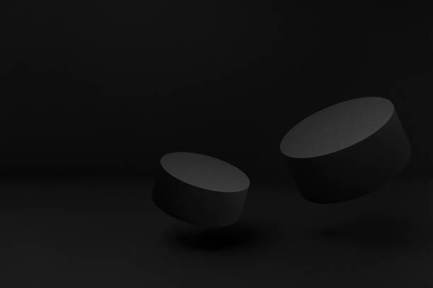 istock Two tilt black round podiums levitate, set, mockup on black background, shadow. Template for presentation cosmetic products, gifts, goods, advertising, design, display, showing in luxury modern style. 2019639851