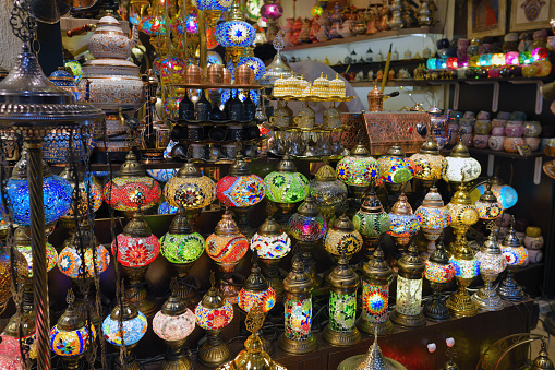 Multi-colored handmade Turkish lanterns for sale at Grand Bazaar in Istanbul Turkey