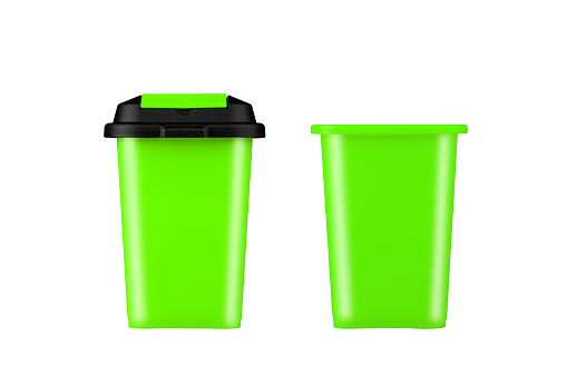 Green trash can. With and without a lid. Isolated on white background. Garbage recycling. Recycling.