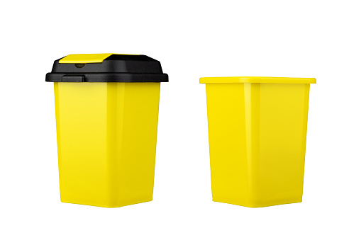 Yellow trash can. With and without a lid. Side view. Isolated on white background. Garbage recycling.