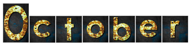 istock October. Words made from rusty iron letters. Isolated on a white background. Months of the year concept. Design 2019697565