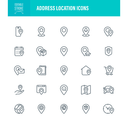 Adress Location Icon Set. Editable Stroke. For Mobile and Web. Contains such icons as Symbol, Map, Journey, Outline, Calendar Date, Time, Human Settlement, Clock