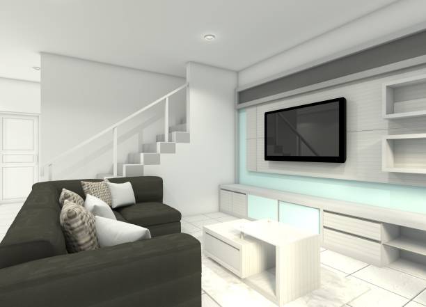 istock Interior Living Room with Sofa, Coffee Table and TV Cabinet 2019757088