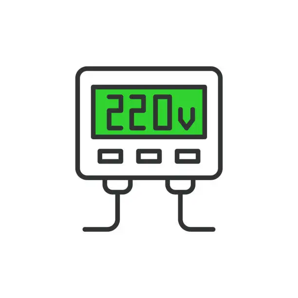 Vector illustration of Inverter 12 - 220 V icon in line design, green. Inverter, 12V, 220V, Power, DC, AC, Voltage, Converter isolated on white background vector. Inverter 12 - 220 V editable stroke icon.