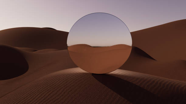 3d illustration Round Round mirror in sand dunes at sunset
