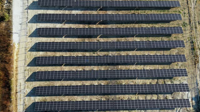 Aerial view of Solar panels farm field of green renewable energy 4k stock video