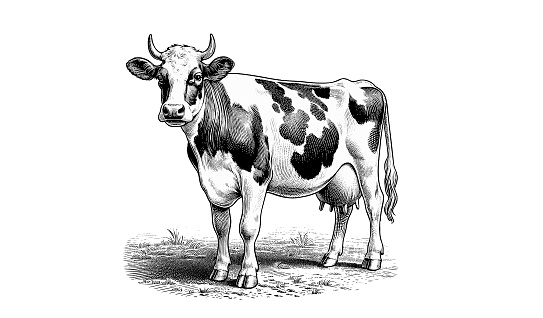 Vintage engraved drawing of a dairy cattle cow standing vector illustration isolated on white background