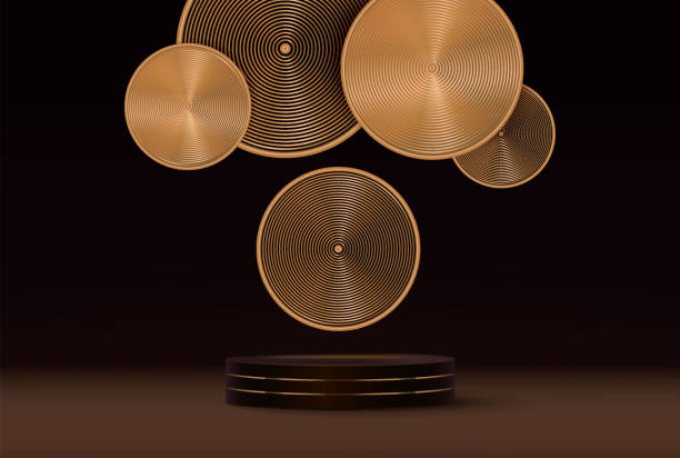 istock 3D background. Black cylinder pedestal podium with radial golden wall scene. Platforms mockup product display presentation. Abstract composition minimal design. Stage showcase. 2019787944