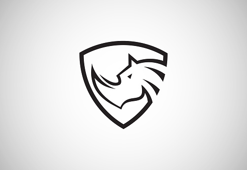 Rhino head and shield logo icon. Rhinoceros brand identity emblem vector illustration.