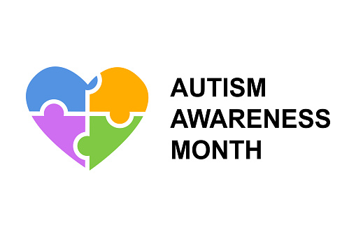 Autism Awareness Month Month greeting banner. Heart with puzzle texture and text on white background. World Autism Awareness Day.