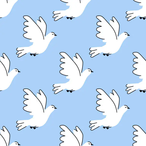 Vector illustration of Cute hand drawn seamless pattern with abstract white doves on blue background. Endless print with flying birds.