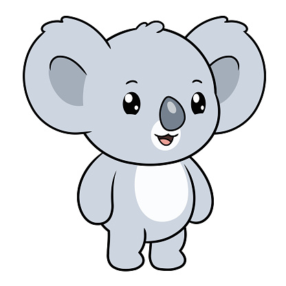 Cartoon illustration of cute smiling koala standing on white background