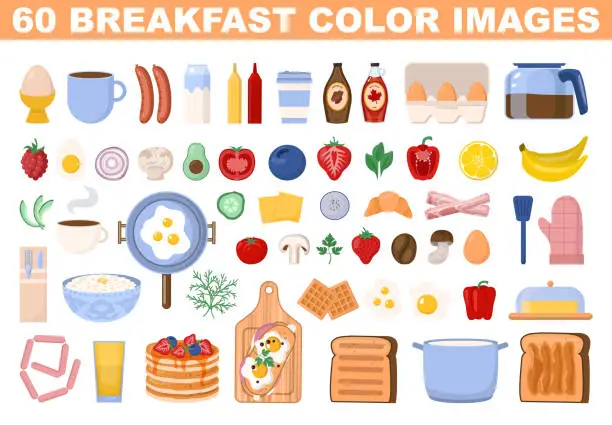 Vector illustration of Breakfast set. Morning food and cooking utensils. Eggs, pastry, oatmeal,