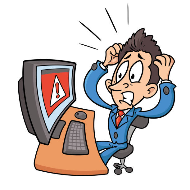 Man upset with computer error cartoon illustration Cartoon illustration of man upset with computer system error computer worm computer bug cartoon stock illustrations