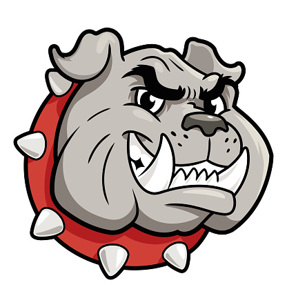 Cartoon illustration of smiling bulldog head on white background