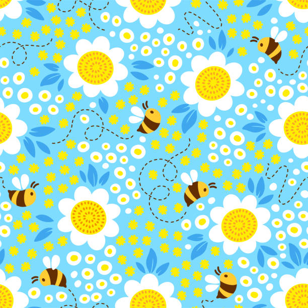 bees on blossom meadow. hand drown seamless vector pattern design - bee flower meadow flying stock illustrations