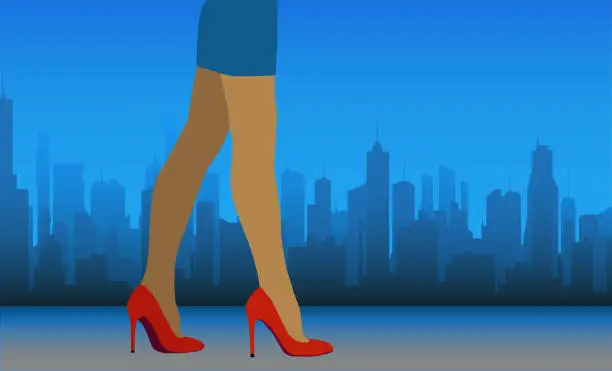 Vector illustration of female legs in red stiletto heels against the backdrop of a futuristic city