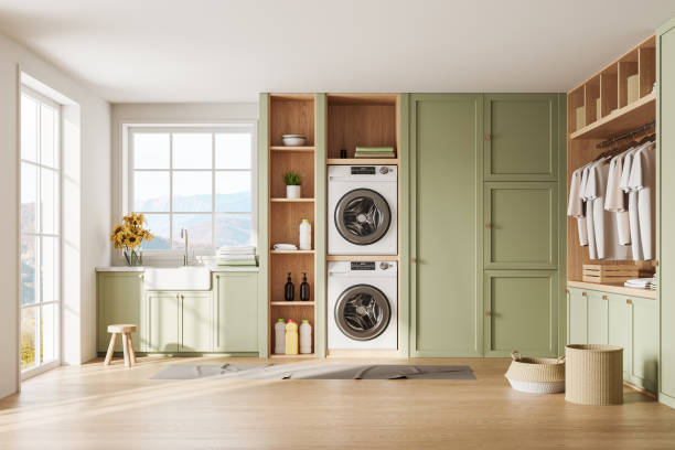 istock White and green laundry room interior 2019860297
