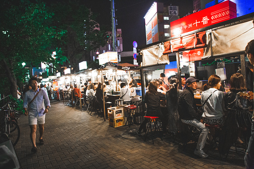 Yatai street food night life in Fukuoka, Japan