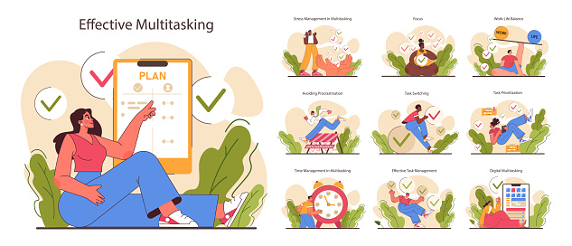 Multitasking set. Effective and competent office worker time and task management. Business productivity optimization, scheduling and progress tracking. Flat vector illustration