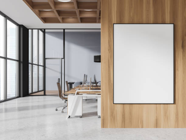 istock Cozy office room interior with coworking and meeting space. Mockup frame 2019873042