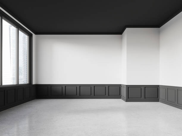 istock Modern home empty living room interior and panoramic window on skyscrapers 2019878447