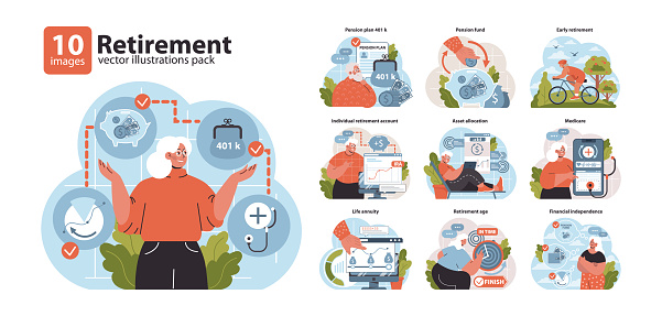 Retirement set. Navigating financial security in later years. Pension plans, individual accounts, and healthcare. Pursuit of a carefree, stable future. Flat vector illustration.