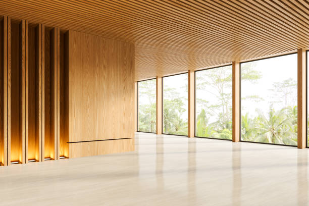 istock Wooden empty office room interior and panoramic window on tropics 2019881690