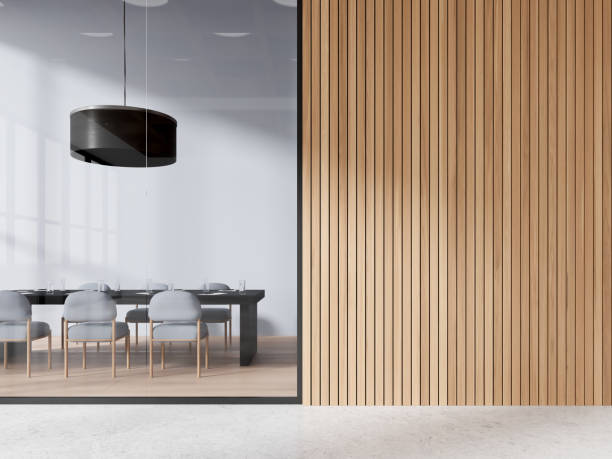 istock Stylish office room interior with glass conference room, empty wooden wall 2019882817