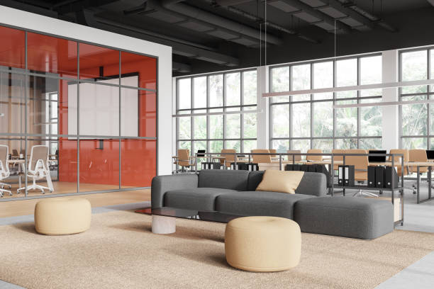 istock Office interior with relax place, coworking and conference space, window 2019883853