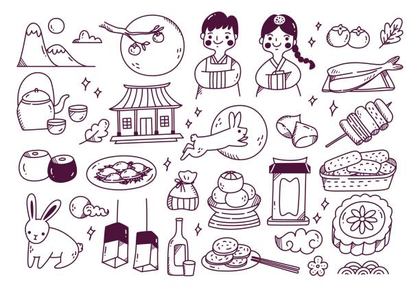 chuseok festival doodle set vector illustration - celebration event abundance lantern traditional festival点のイラスト素材／クリップアート素材／マンガ素材／アイコン素材
