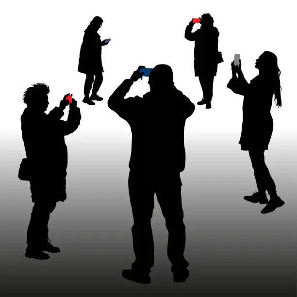 Vector illustration of Vector silhouettes of five people, tourists man and woman with phones in their hands