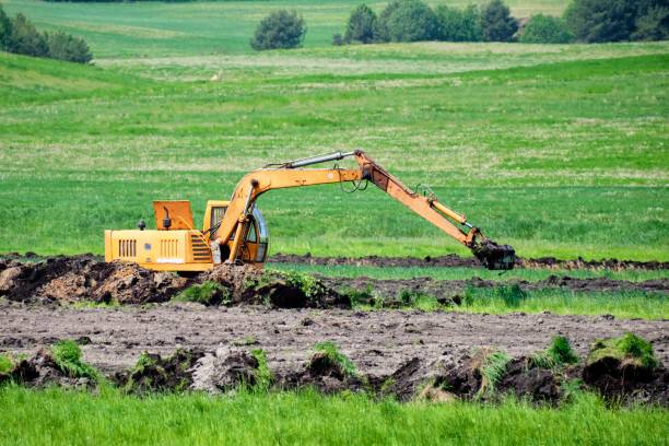 istock Excavator operation on a green field 2019895981