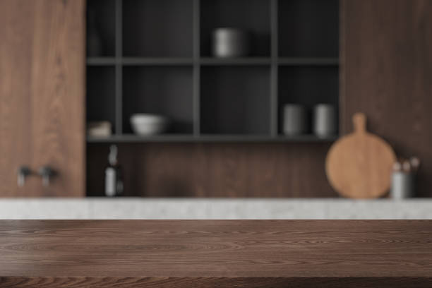 istock Wooden kitchen with product display desk 2019900810