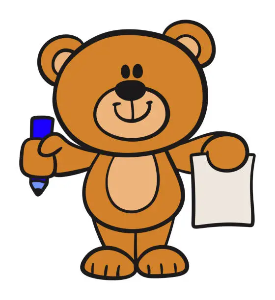 Vector illustration of Cute bear with pencil and blank paper cartoon isolated on white