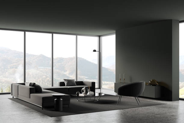 istock Grey home living room interior with lounge zone, mock up wall and window 2019902417