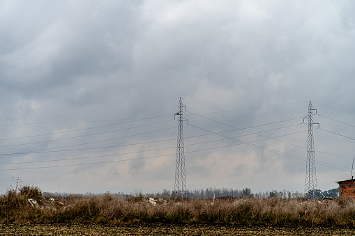 This photograph depicts power lines in a field as a symbol of strength and sustainability, emphasizing the importance of green energy in today's society.