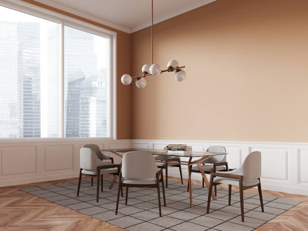 istock Classical home living room interior with table and chairs, panoramic window 2019903993