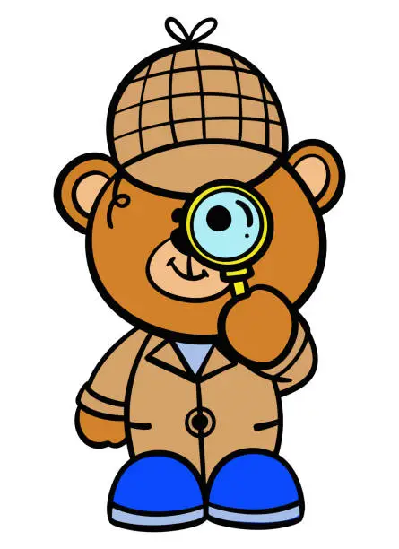Vector illustration of Cute detective bear cartoon with magnifying glass isolated on white