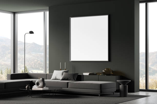 istock Black home relax room interior couch and drawer near window, mockup frame 2019905068