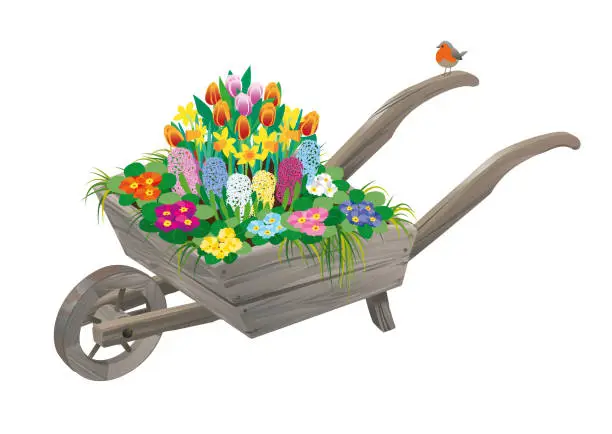 Vector illustration of Wooden wheelbarrow with spring flowers