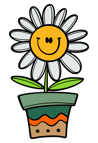 Funny potted daisy flower cartoon isolated on white