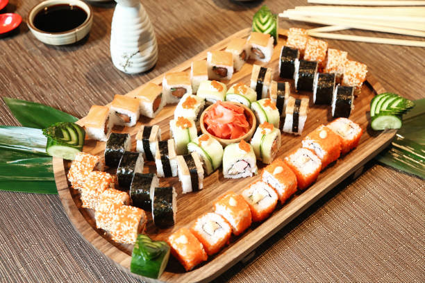 istock Wooden Tray With Assorted Sushi Rolls 2019908733