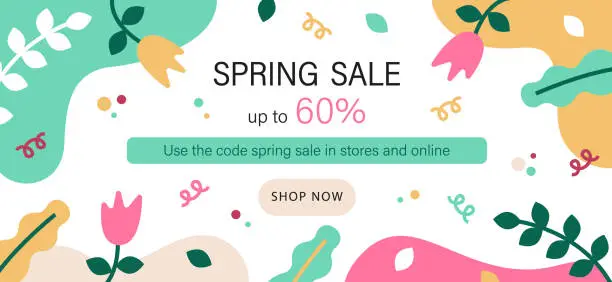 Vector illustration of Spring sale banner with different flowers on a colored background. The banner for advertisements, magazines, websites. Vector illustration