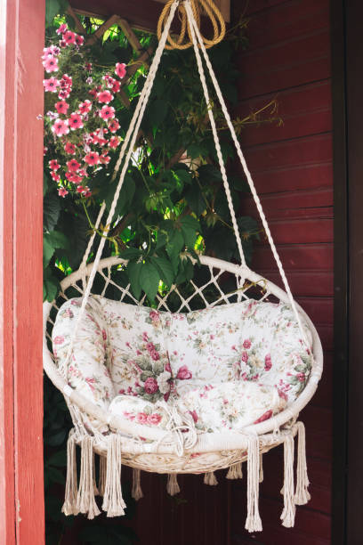 istock Hanging swing. Terrace hanging seat. Relaxation area. Comfortable sitting spot. 2019920912