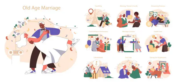Vector illustration of Old age marriage set. Excited senior couple. Elderly people dating and building