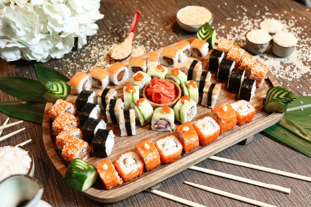 istock Wooden Tray With Assorted Sushi Rolls 2019939832