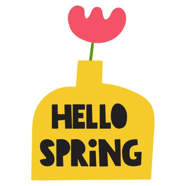 желтая ваза с цветком. фраза - здравствуй, весна. плоская конструкция. - bouquet tulip greeting card gerbera daisy stock illustrations