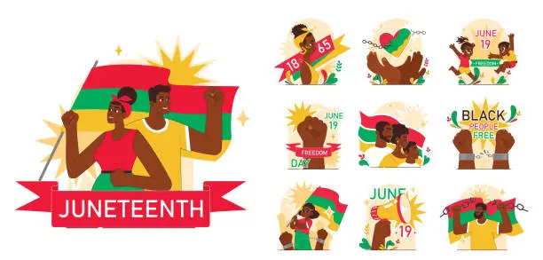 Vector illustration of Juneteenth set. Independence and emancipation day of black people
